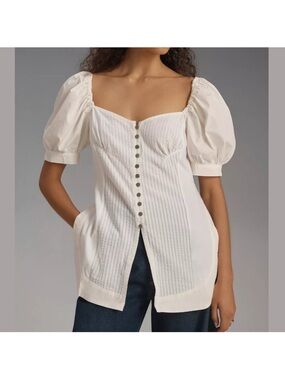 Anthropologie White Maeve Puff-Sleeve Sweetheart Top Size S